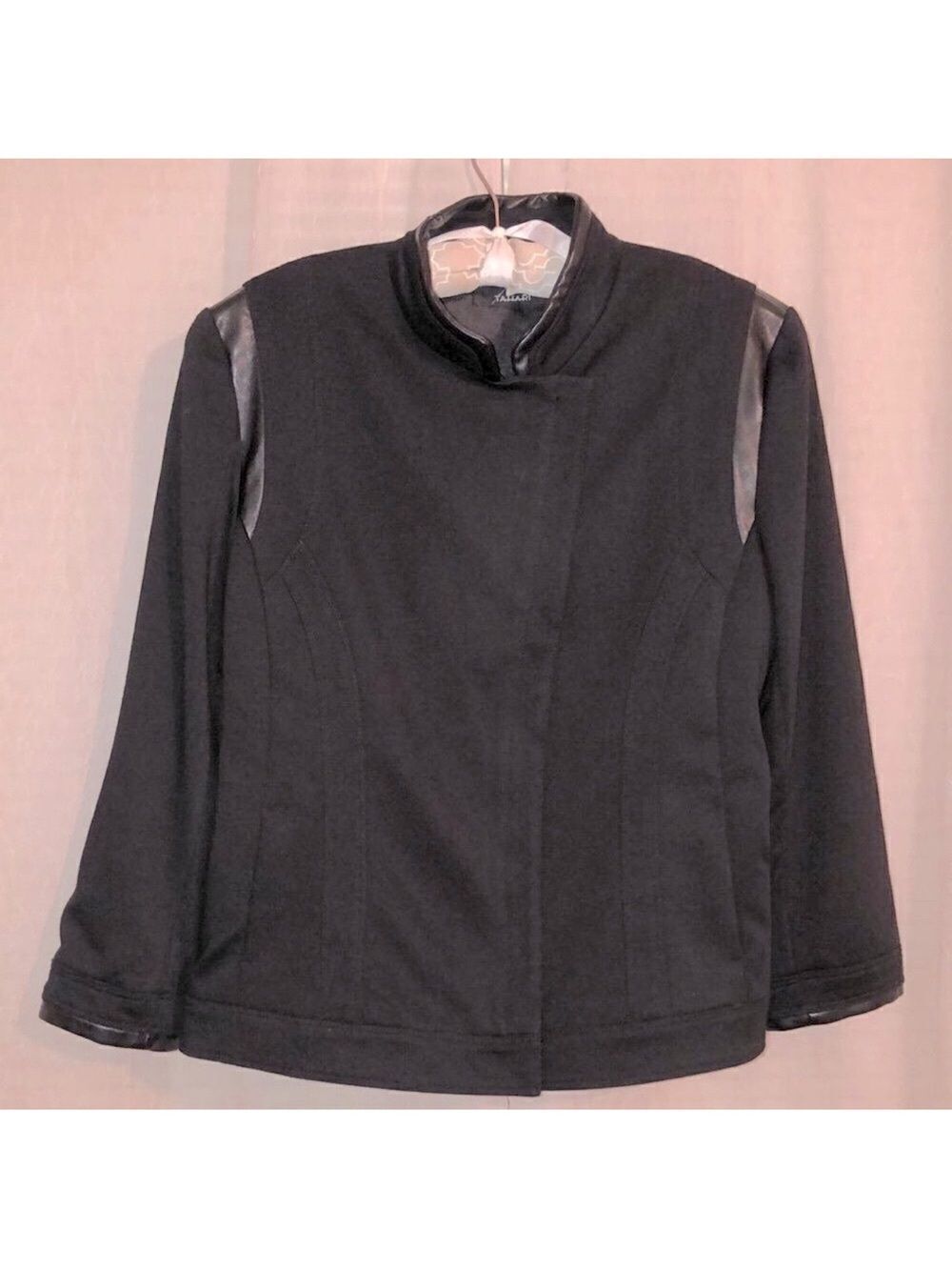 Tahari XL Black Knit Leather Combo Moto Jacket